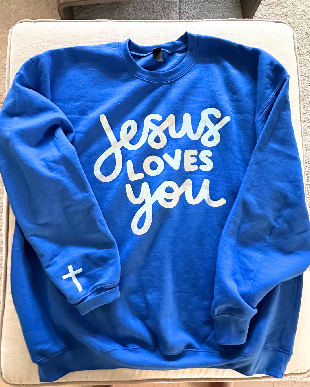 JESUS Loves You Blue Crewneck with Metallic Letters
