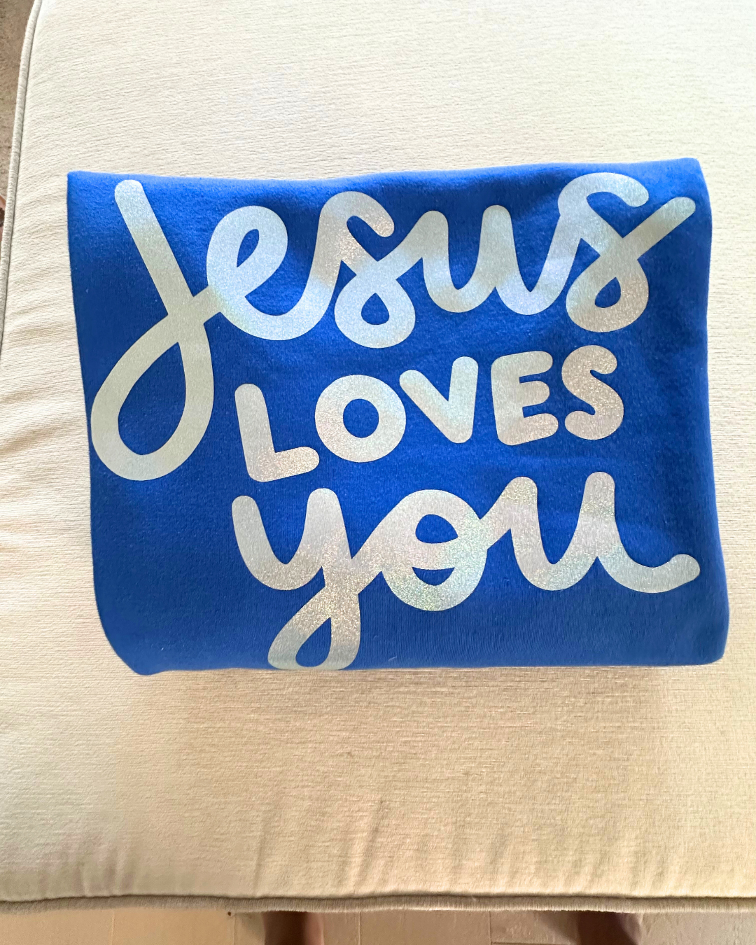 JESUS Loves You Blue Crewneck with Metallic Letters