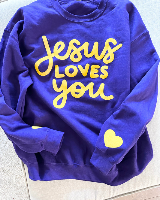 Jesus Loves You Purple Crewneck w/ Yellow Flock