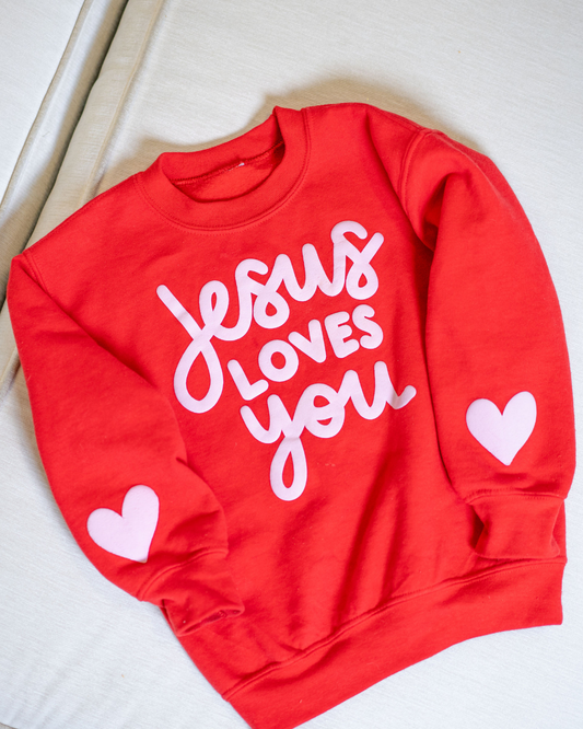 Jesus Loves You Crewneck Red w/ Light Pink Puff